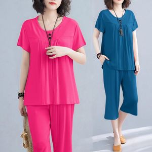 Summer Short Sleeve Capri Pants Loose Plus Size Women's Home Wear Set Two Piece Casual <b>Suit</b> Solid Color <b>Pajama</b> Set - Product Image 1