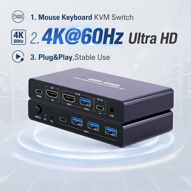 2-Port USB 3.0 HDMI KVM Switch 4K 60Hz, for 2 Computers, Shares 1 Monitor and Keyboard Mouse Printer with Desktop Controller
