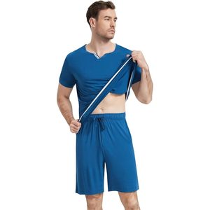 Conjunto de pijama de viscosa de bambú para hombre, camisa de dormir de manga corta y pantalones cortos, ropa de dormir fresca y transpirable con bolsillos - Product Image 4