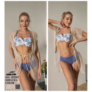 Set Bikini Hdj con Stampa Floreale Blu, Costume da Bagno Donna Taglia M L XL, Vestibilità Regolare, Bandeau con Nodo in Maglia, Spandex e Poliestere - Product Image 2