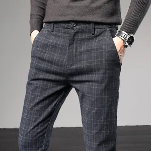 Pantalones informales ajustados a cuadros para hombre, color negro, gris y azul, estilo británico, a cuadros, Chino, precio barato