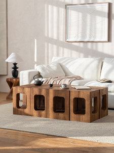 Square Solid Wood Coffee Table Wabi-Sabi Inspired 360 <b>Rotation</b> Ornamentation Deep Texture Cutout Design Home Hotels - Product Image 4