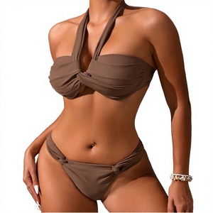 STOCK Solid Animal Print Halter Neck Bandeau <b>Top</b> High Waist 2 Piece Set Women's Swimwear with Mesh - Product Image 3