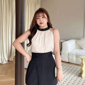 Top Halter Color Block Runqi N8671, Blusa sin Mangas para Mujer Talla Grande, Top de Tela de Poliéster de Color Sólido - Product Image 1