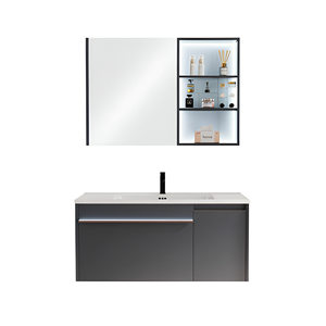 Mobile Bagno Moderno Grigio Sospeso in Legno Massello con Lavabo Integrato in Ceramica e Specchio LED Intelligente - Product Image 6