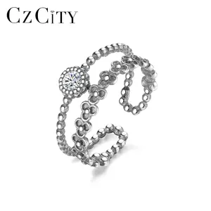 CZCITY Wear Trending Silver Black 925 Sterling Woman Fashion Charm Cuff Stone Band S925 Ring