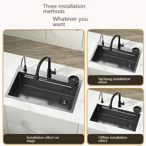 Évier de cuisine en acier inoxydable noir mat 8045 avec robinet cascade et <span class=keywords><strong>lave</strong></span>-<span class=keywords><strong>vaisselle</strong></span> intégré pour la cuisine au-dessus du comptoir - Product Image 3