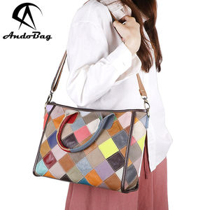 Sac fourre-tout en cuir véritable AndoBag, grande capacité, sacs bandoulière à carreaux avec surpiqûres colorées, sac à main vintage pour femmes 1820 - Product Image 1