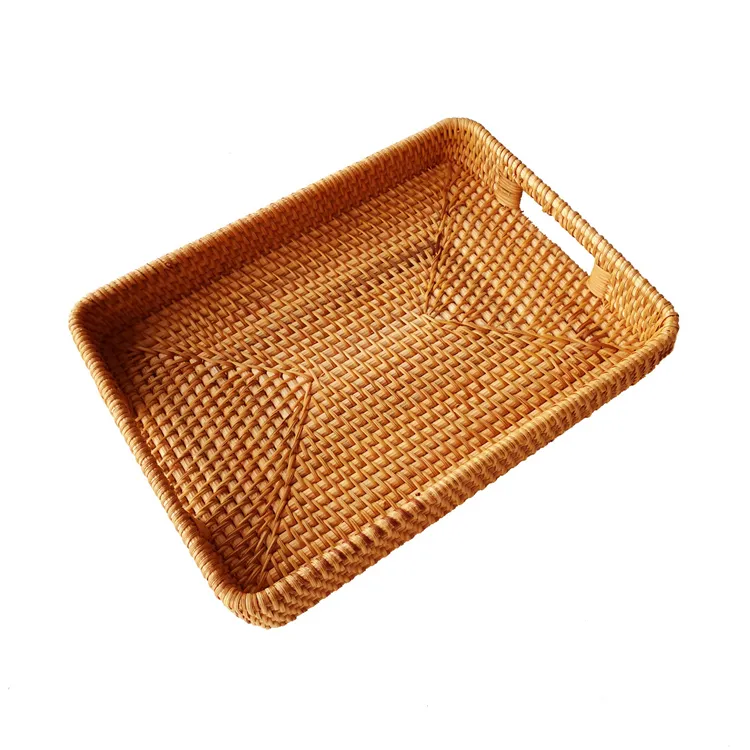 Cesta redonda em rattan para armazenar alimentos, bandeja de vime redonda com alça, malha de bambu para servir alimentos, ecológica, pequena bandeja de armazenamento de pão