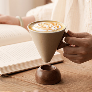 <span class=keywords><strong>Tasse</strong></span> à café cappuccino en grès 250ML personnalisée soucoupe en forme d'entonnoir réutilisable <span class=keywords><strong>expresso</strong></span> lait thé <span class=keywords><strong>tasse</strong></span> en céramique avec base en bois - Product Image 3