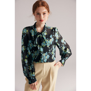 Elegante Conjunto de Dos Piezas de Camisa de Mezcla de Seda para Mujer, <span class=keywords><strong>Blusa</strong></span> Estampada de Chifón Microtransparente de Manga Larga <span class=keywords><strong>con</strong></span> Lazo Delantero, Estilo Primaveral - Product Image 4