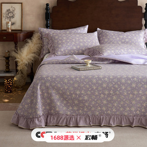 ชุดผ้าปูที่นอนผ้าฝ้ายสไตล์ฝรั่งเศสย้อนยุคสามชิ้น 1.5 ม. สีม่วงลายพืชและดอกไม้กันลื่น - Product Image 2