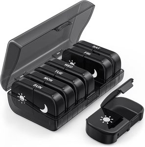 Pastillero Semanal con Compartimentos para la Mañana y la Noche, Organizador de Pastillas con 7 Compartimentos Diarios, Estuche de Almacenamiento Negro - Product Image 1