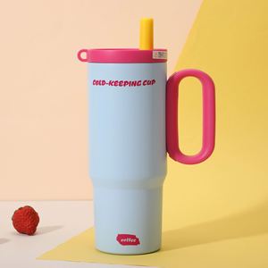 24oz 720ml Travel <b>Macaron</b> Handle Car Mug Vacuum Stainless Tumbler Lid Straw Non-Slip OEM ODM Pastel Color - Product Image 1