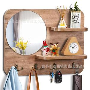 Étagère murale en bois avec miroir et crochets pour entrée, chambre, salon, organisateur multi-usages - Product Image 1