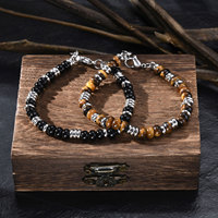 Bracelet perlé pour homme en onyx noir et œil de tigre, bijoux anti-ternissement, cadeaux, bracelet perlé fait main en acier inoxydable