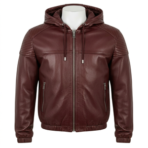 Men's Burgundy Hooded Leather <b>Jacket</b> Moto Biker Style Zipper Front Windproof Regular Fit Autumn Wear - Product Image 1