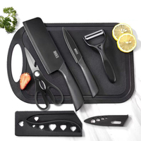 Ensemble de 5 couteaux de cuisine durables en acier inoxydable noir pour droitiers avec planche à découper, ciseaux et éplucheur