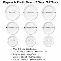 Assiette en plastique jetable blanche en PP, 178 mm, 7 pouces, assiette classique pour dessert, collation, repas décontracté, passe au micro-ondes, qualité alimentaire