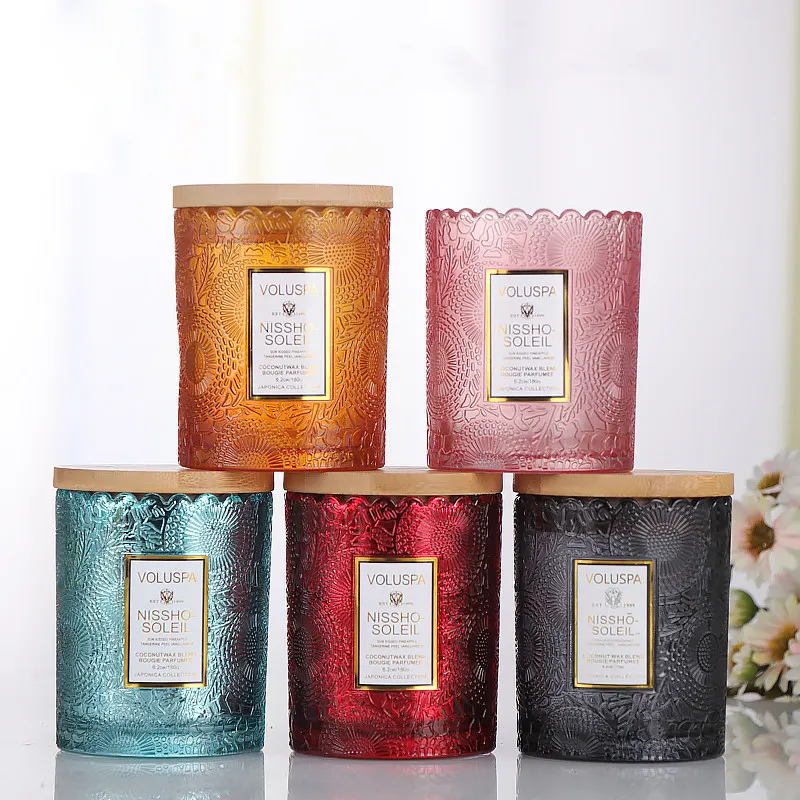 Stock transparent glass candlestick cup embossed spraying color aromatherapy empty candle cup