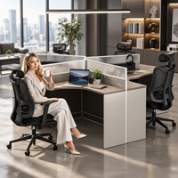 Poste de travail en îlot pour 4 personnes avec cloison de séparation et chaise de bureau ergonomique en maille – Ensemble de travail commercial pour personnel