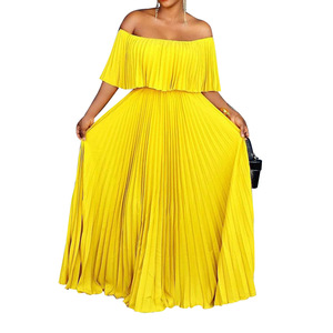 <span class=keywords><strong>Vestido</strong></span> Maxi de Verano para Mujer, Estilo A-Line, Cintura Imperio, Hombros Descubiertos, Plisado, Simple, Antiarrugas, Transpirable, Ecológico, Talla <span class=keywords><strong>XXL</strong></span> - Product Image 1