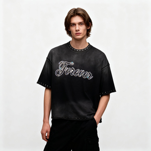 Camiseta Personalizada con Pedrería de 320 g/m², Fabricante de Camisetas Oversize, Estilo Boxy, Corta, con Diamantes, Vintage, Desgastada, para Hombre - Product Image 3