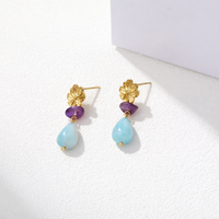Anting-anting gantung vintage boho bunga amethyst biru jasper berlapis emas buatan tangan untuk wanita, perhiasan liburan