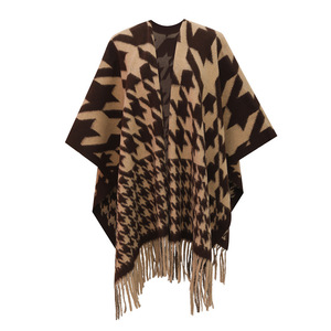 Nouveau châle en cachemire chaud d'hiver 2024, cardigan à motif <span class=keywords><strong>pied</strong></span>-<span class=keywords><strong>de</strong></span>-<span class=keywords><strong>poule</strong></span>, capes surdimensionnées, ponchos, manteaux à franges en laine double face pour femmes - Product Image 2