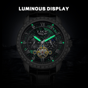 <span class=keywords><strong>Montre</strong></span> automatique LIGE LG6828 ciel étoilé pour <span class=keywords><strong>homme</strong></span>, bracelet en cuir noir, squelette, mécanique à <span class=keywords><strong>remontage</strong></span> automatique, luxe, lumineuse, cadeau - Product Image 5
