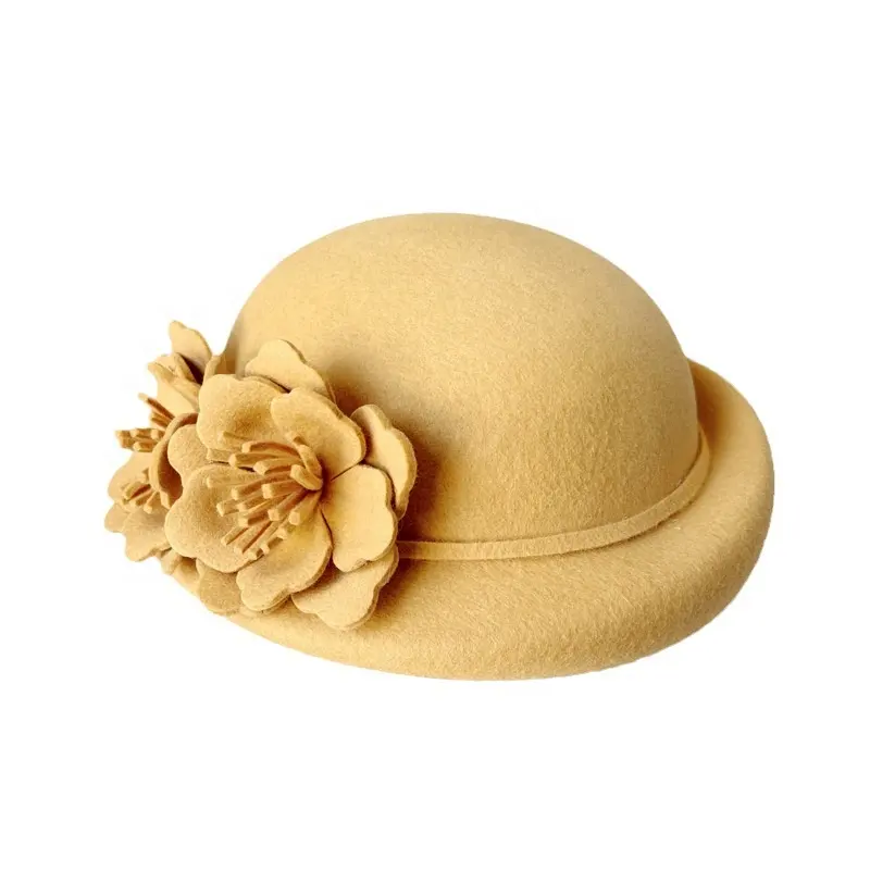 Cappello floreale elegante personalizzato da donna con portapillole di lusso per matrimonio chiesa Berretto Vintage britannico cappello a forma di fiore 100% lana cappello a bombetta in feltro