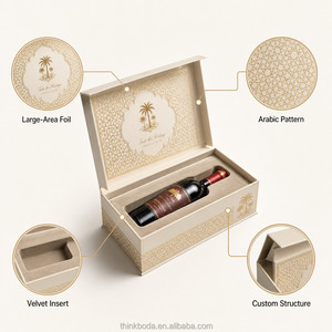 Coffret Cadeau Vin Personnalisé Professionnel en Crème avec Couvercle Charnière à Treillis Géométrique Doré et Insert en Velours pour Bouteille Unique – Offre Maîtresse - Product Image 2
