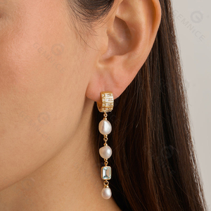 Gemnel mới đồ trang sức thời trang bán buôn Bohemia phong cách 18K vàng vermeil S925 ngọc trai nước ngọt màu xanh Topaz Hoops lủng lẳng Bông tai - Product Image 2