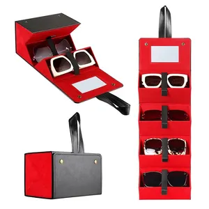 4-slot Travel Foldable Sunglasses Organizer Portable Glasses Boxes Case Multiple Storage With Mirror