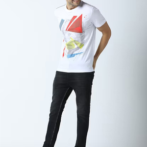 Men's White <b>Geometric</b> Print Short Sleeve O-Neck T-<b>Shirt</b> Casual Regular Fit Cotton Jersey Breathable Streetwear Top - Product Image 5
