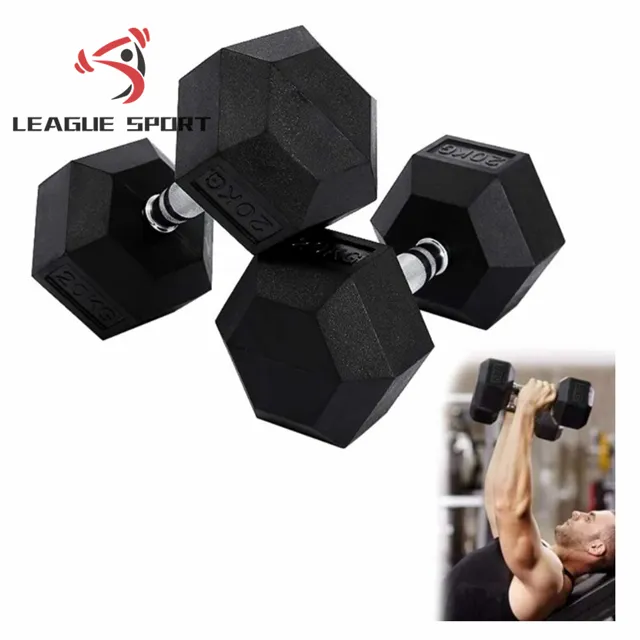 League-Sport China Manufacturer Custom Free Weight Gym 3-100 LB 1-60 KG Set Metal Handle Cast Iron Rubber Hex Hexagon Dumbbell