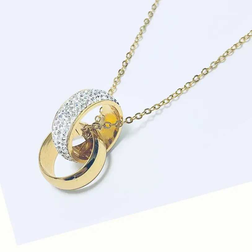 Classic Geometric Clay Rhinestone Double Circle Pendant Necklace 18K Gold Plated diamond Copper Chain Women's Necklace jewelry