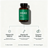 Capsules de Vitamine D3 K2 5 HTP à Marque Blanche, Logo Personnalisé, Fabricant OEM ODM, Complément Fonctionnel pour le Soutien Immunitaire, 120 Gélules Molles