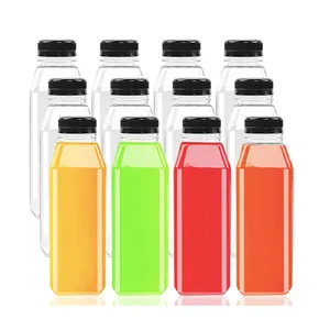 hot sale 16oz square clear plastic beverage bottle 500ml juice plastic bottles with screw white cap lids