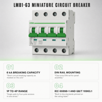 Disjoncteur miniature MCB LMB1-63 1P-4P, capacité de coupure 6kA, courbe BCD, protection IP20, installation sur rail DIN, cuivre PA66