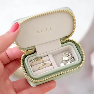 Custom logo mini portable travel jewelry box ring zipper velvet travel box jewelry packaging travel small velvet jewelry box