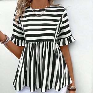 เดรสแขนเสื้อแต่งระบายคอกลมลายทางสไตล์ยุโรป, เดรสทรงหลวมไซส์ใหญ่ฤดูร้อนลำลองสำหรับผู้หญิง - Product Image 6