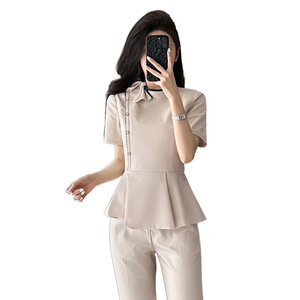 Women's Short Sleeve Suit Set Summer Breathable Satin Office Lady Work Uniform For Beauty Salon Jewelry Store - Product Image 5