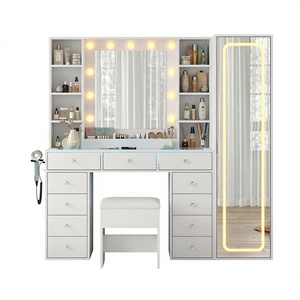 Modern Wood <strong>Vanity</strong> <strong>Desk</strong> <strong>with</strong> Mirror Full Length 11 <strong>Drawers</strong> Glass Dressing Table for Bedroom Livingroom - Product Image 1