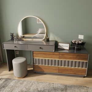 Modern Makeup Vanity Table with Lighted <b>Mirror</b> Wood <b>Panel</b> Storage Desk for Bedroom Furniture - Product Image 4
