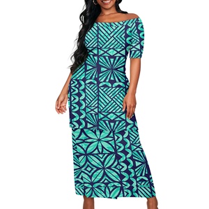 Hermosos Vestidos Samoanos Puletasi con Estampado Tapa Polinesio Azul para Mujer, Vestido con Hombros Descubiertos, Conjuntos <span class=keywords><strong>de</strong></span> Blusa y Falda <span class=keywords><strong>de</strong></span> Talla Grande - Product Image 1