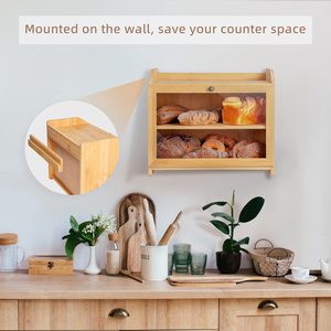 2-Layer <strong>Wall</strong> <strong>Mounted</strong> Bamboo <strong>Bread</strong> <strong>Box</strong> for Kitchen Countertop Adjustable <strong>Bread</strong> Storage Bin with Clear Windows for Food Storage