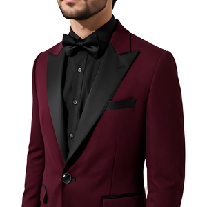 Blazer de smoking en satin bordeaux pour homme avec revers noir, coupe ajustée, un bouton, style queue-de-pie, dernière conception, veste à revers pointus - Product Image 6