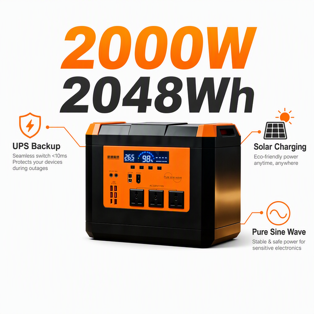 Portable 2000W Solar Panel Power Station Generator LiFePO4 Battery Pure Sine Wave Inverter MPPT Flashlight RV Port for Car