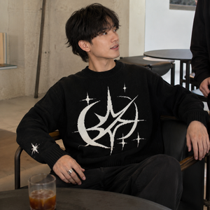 Maglione da Uomo Retrò Streetwear <span class=keywords><strong>con</strong></span> Motivo Luna e Stelle, Collo Tondo, Spalle Scese, Maniche Lunghe in <span class=keywords><strong>Maglia</strong></span> Jacquard - Product Image 3